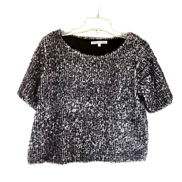 Search For Sanity Fuzzy Sequin Short Sleeve Sweater Top Medium - Picture 5 of 8